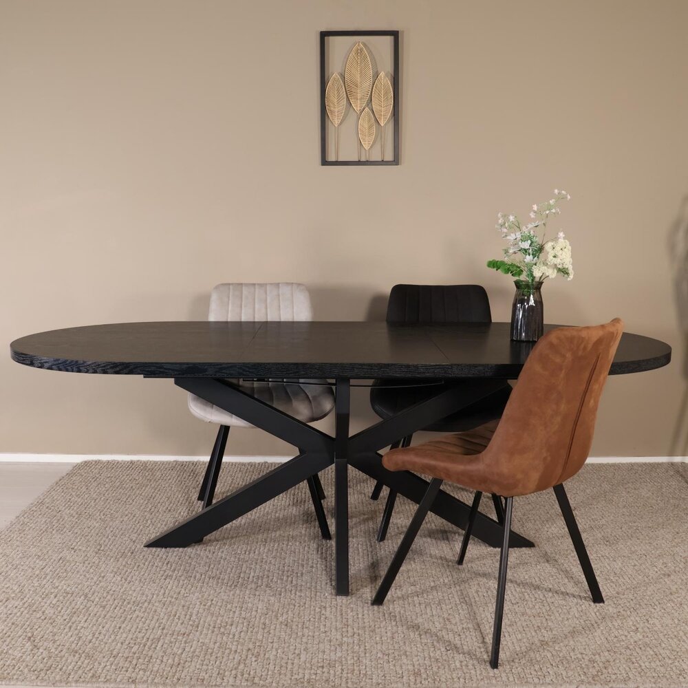 Uitschuifbare eettafel ovaal 160-220cm Liam zwart MDF eetkamer tafel