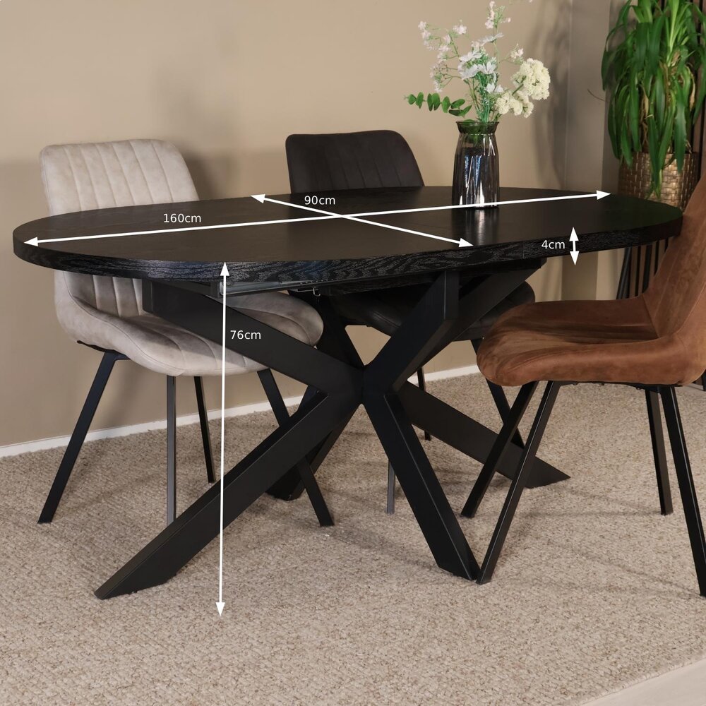 Uitschuifbare eettafel ovaal 160-220cm Liam zwart MDF eetkamer tafel