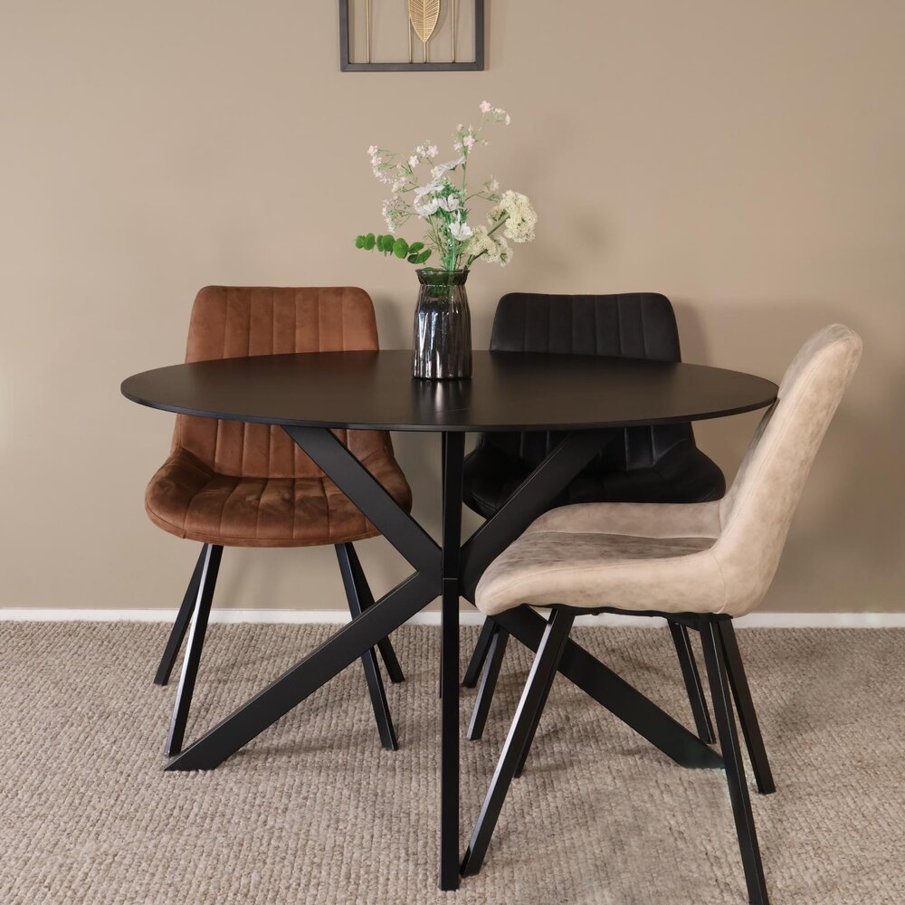 Eettafel rond 120cm Jenna marmerlook zwart ronde tafel