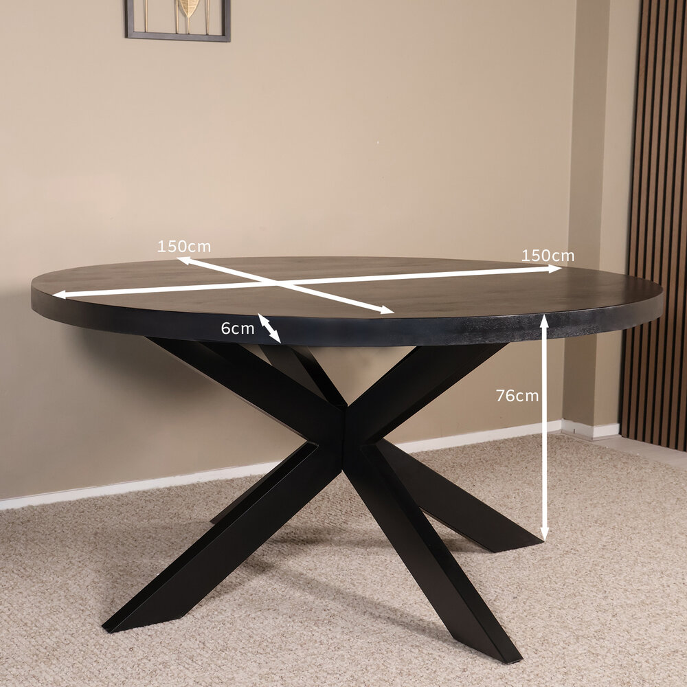 Eettafel rond mangohout 150cm Jones walnoot bruin ronde industriële tafel duurzaam mango eetkamertafel