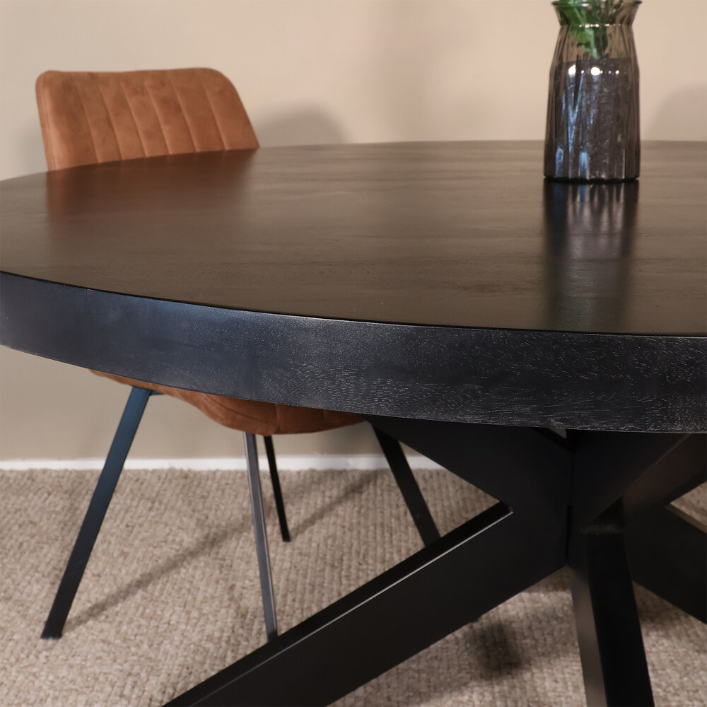 Eettafel rond mangohout 150cm Jones walnoot bruin ronde industriële tafel duurzaam mango eetkamertafel