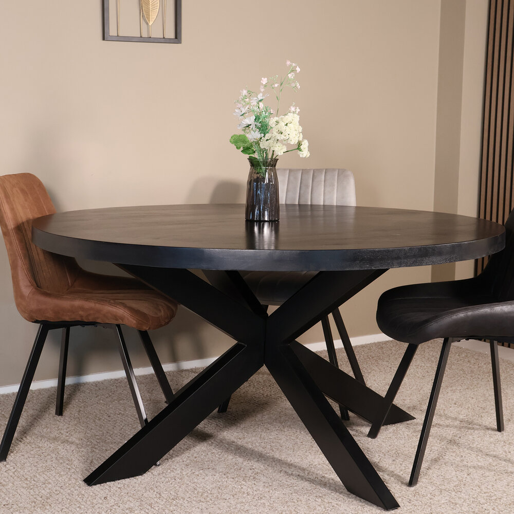 Eettafel rond mangohout 150cm Jones walnoot bruin ronde industriële tafel duurzaam mango eetkamertafel