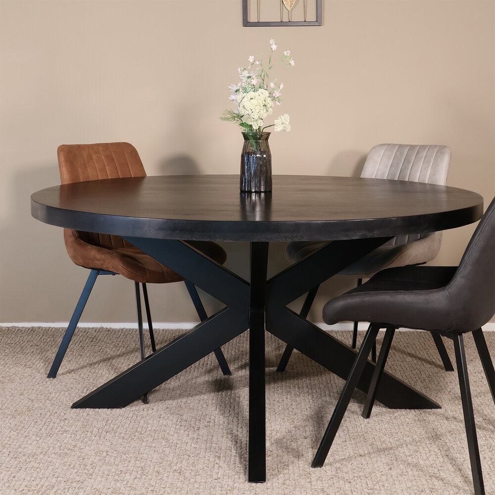 Eettafel rond mangohout 150cm Jones walnoot bruin ronde industriële tafel duurzaam mango eetkamertafel