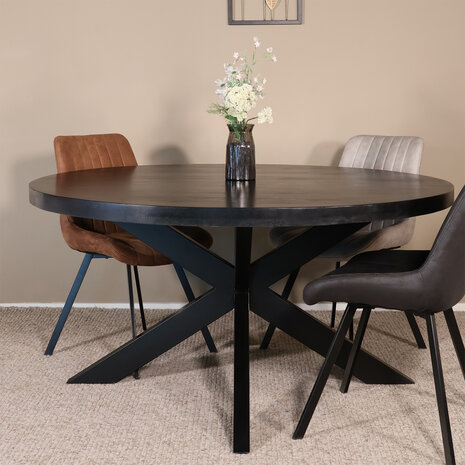 Lizzely Garden & Living Eettafel rond mangohout 150cm Jones walnoot bruin ronde industriële tafel duurzaam mango eetkamertafel