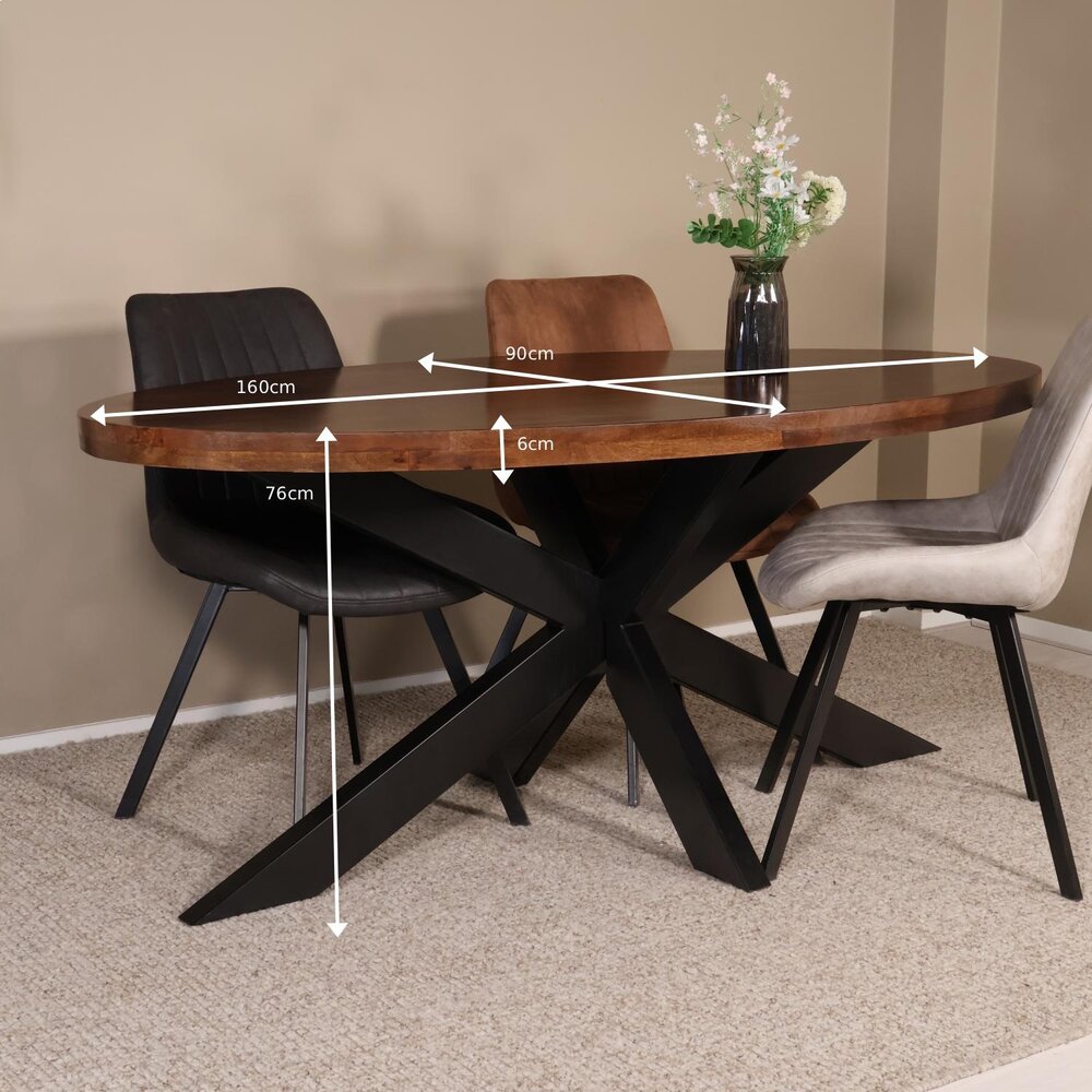 Eettafel ovaal mangohout 160cm James bruin ovale industriële tafel duurzaam mango eetkamertafel