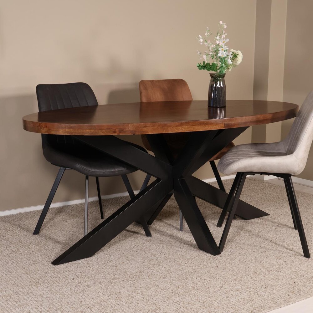 Eettafel ovaal mangohout 160cm James bruin ovale industriële tafel duurzaam mango eetkamertafel