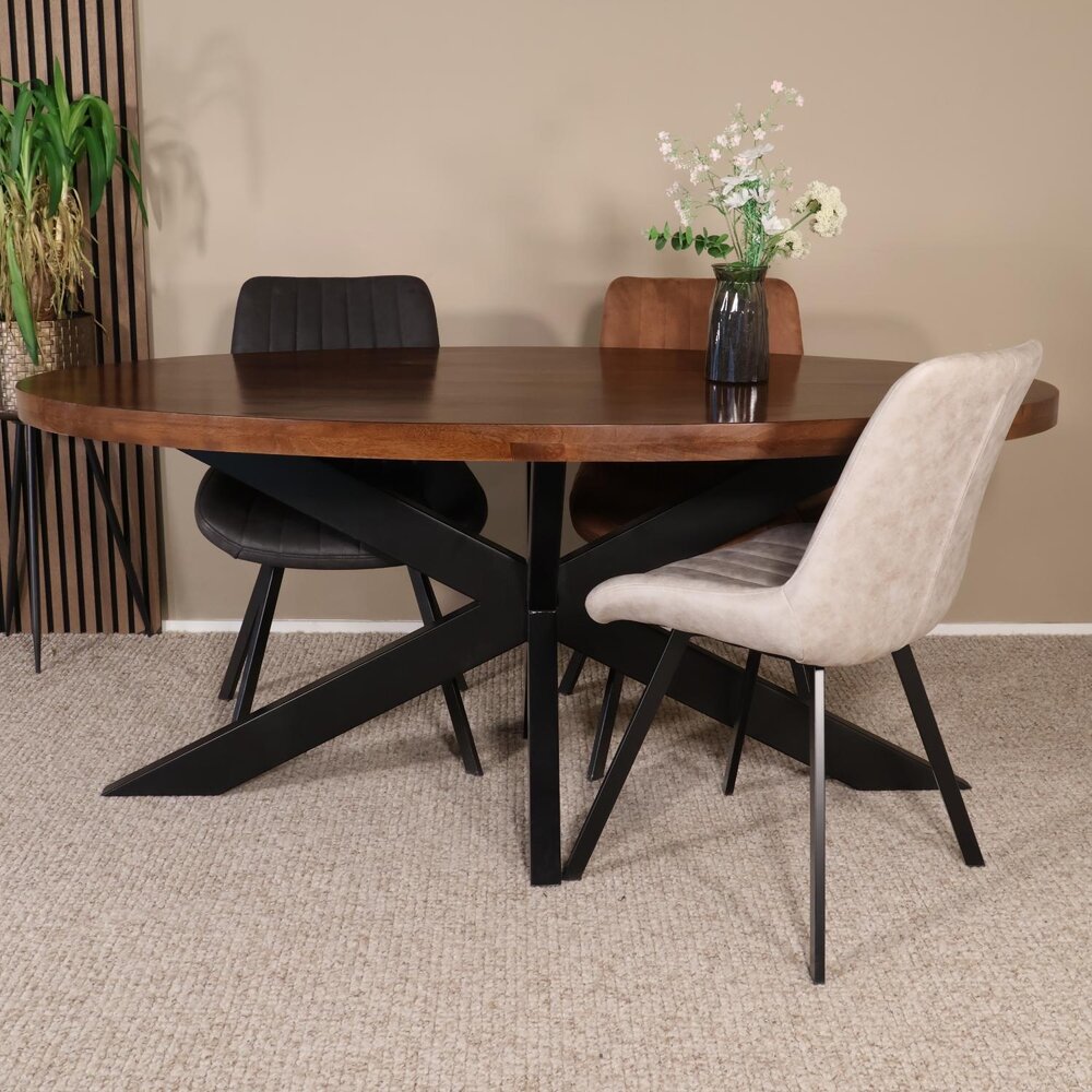 Eettafel ovaal mangohout 160cm James bruin ovale industriële tafel duurzaam mango eetkamertafel