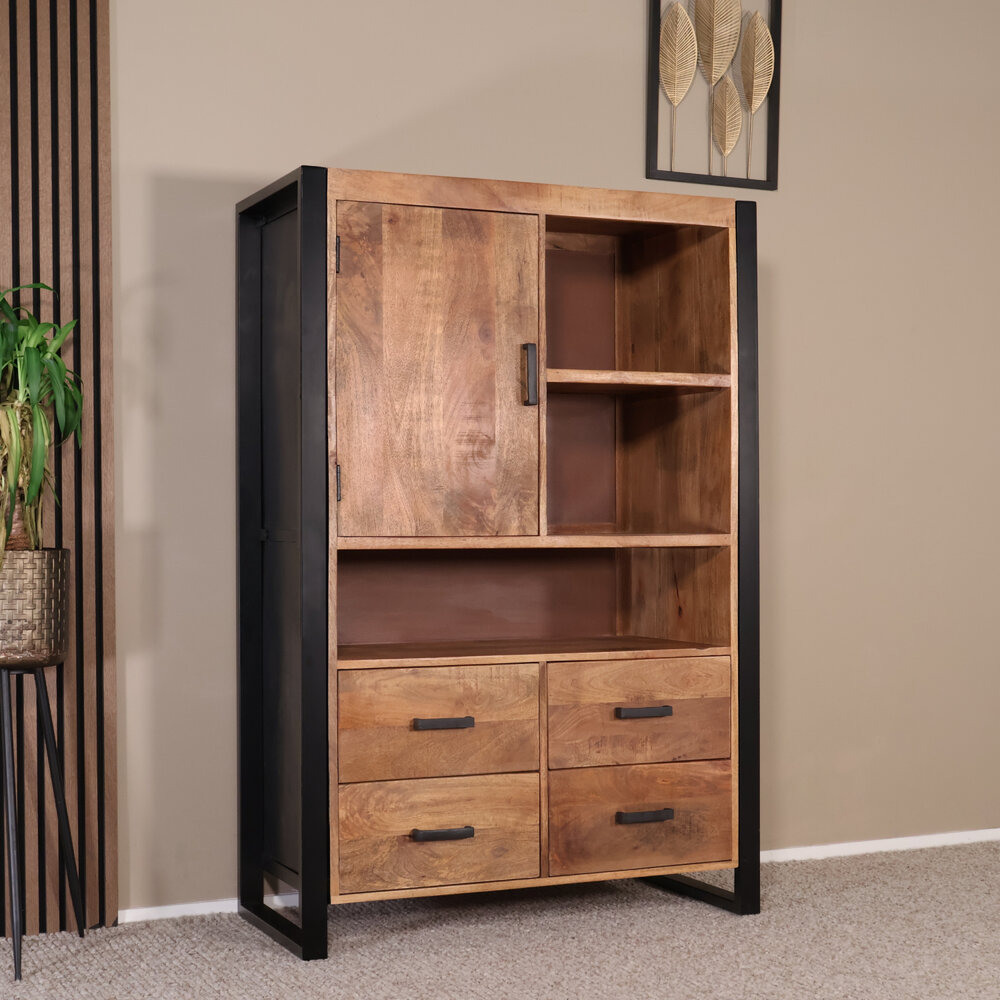 Industriële kast mangohout Dexie 150x100cm bruin en zwart wandkast duurzaam mango