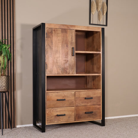 Lizzely Garden & Living Industriële kast mangohout Dexie 150x100cm bruin en zwart wandkast duurzaam mango