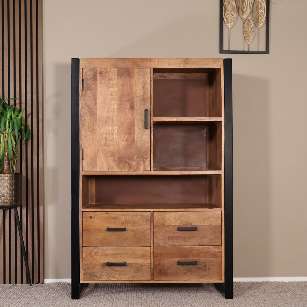 Industriële kast mangohout Dexie 150x100cm bruin en zwart wandkast duurzaam mango
