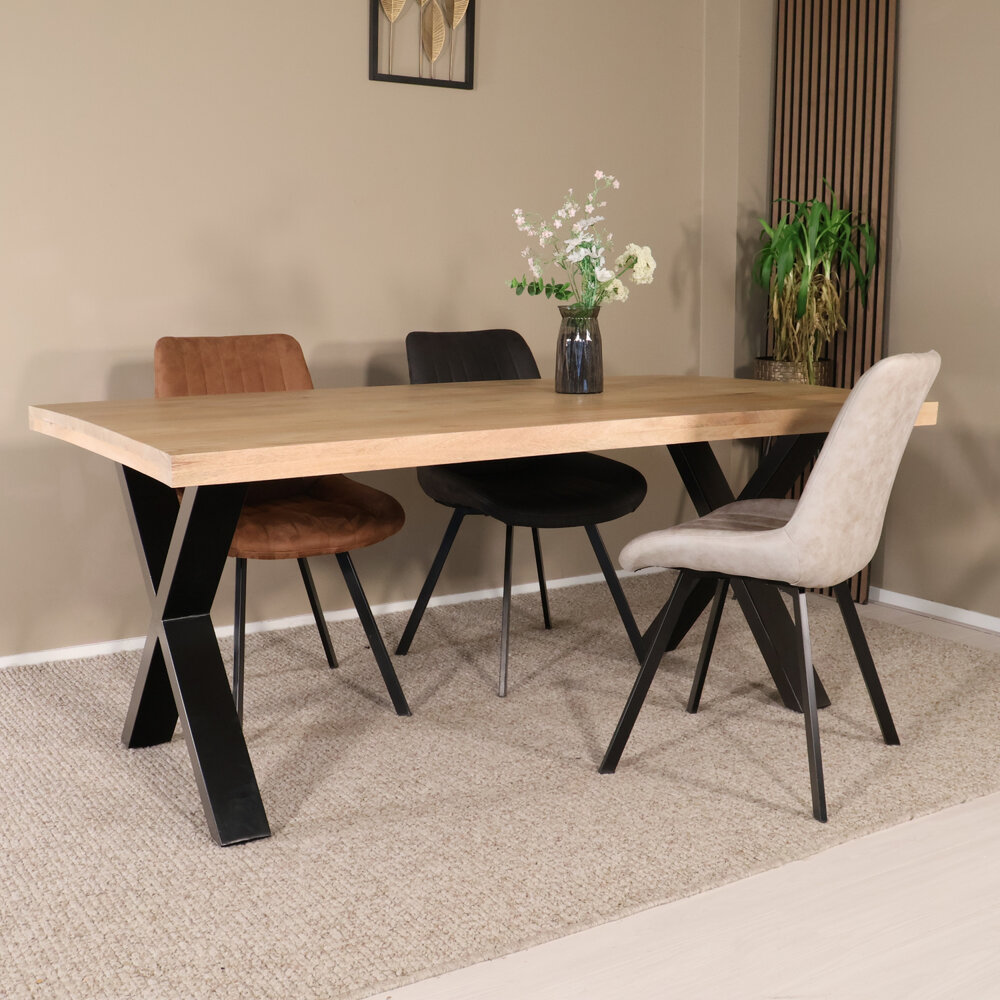 Eettafel rechthoekig mangohout Xavier lichtbruin 180cm duurzaam tafel met X-poot mango eetkamertafel rechthoek hout