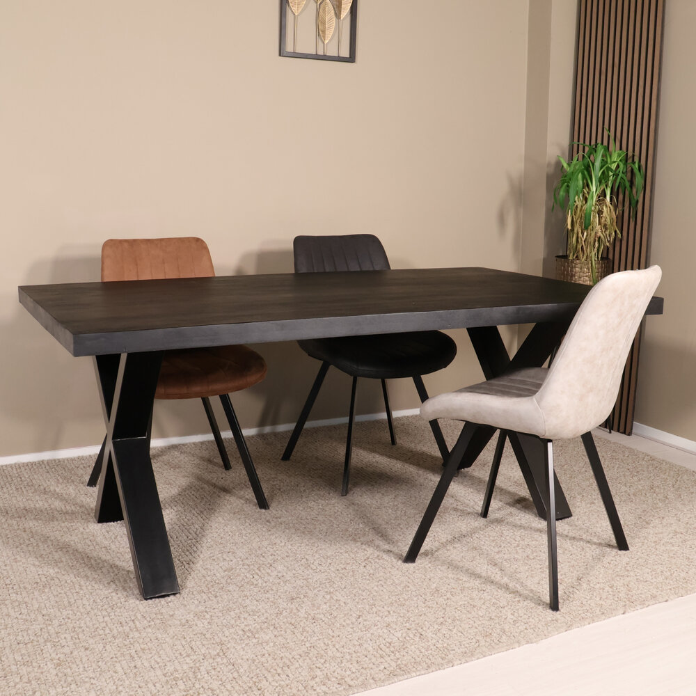 Eettafel rechthoekig mangohout Xavier zwart 180cm duurzaam tafel met X-poot mango eetkamertafel rechthoek hout
