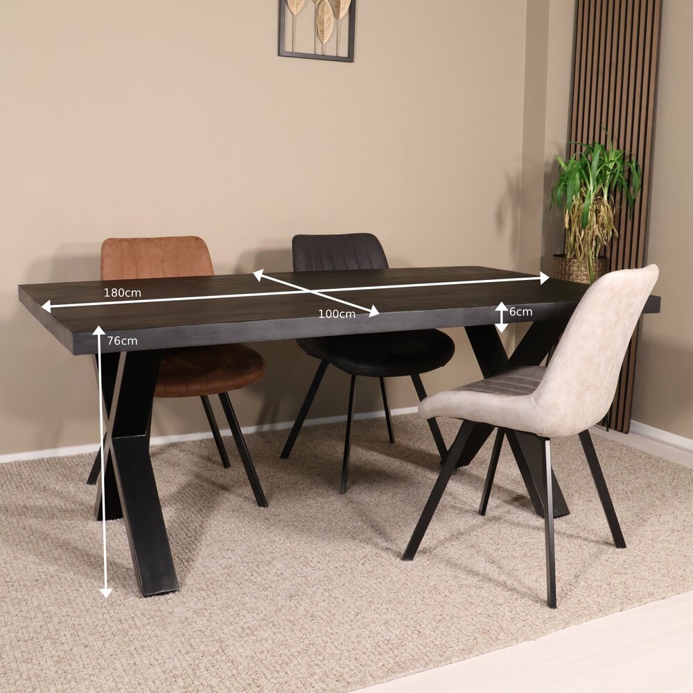 Eettafel rechthoekig mangohout Xavier zwart 180cm duurzaam tafel met X-poot mango eetkamertafel rechthoek hout