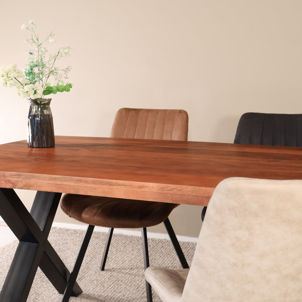 Eettafel rechthoekig Xavier 160x90cm duurzaam mangohout tafel met X-poot mango eetkamertafel langwerpig