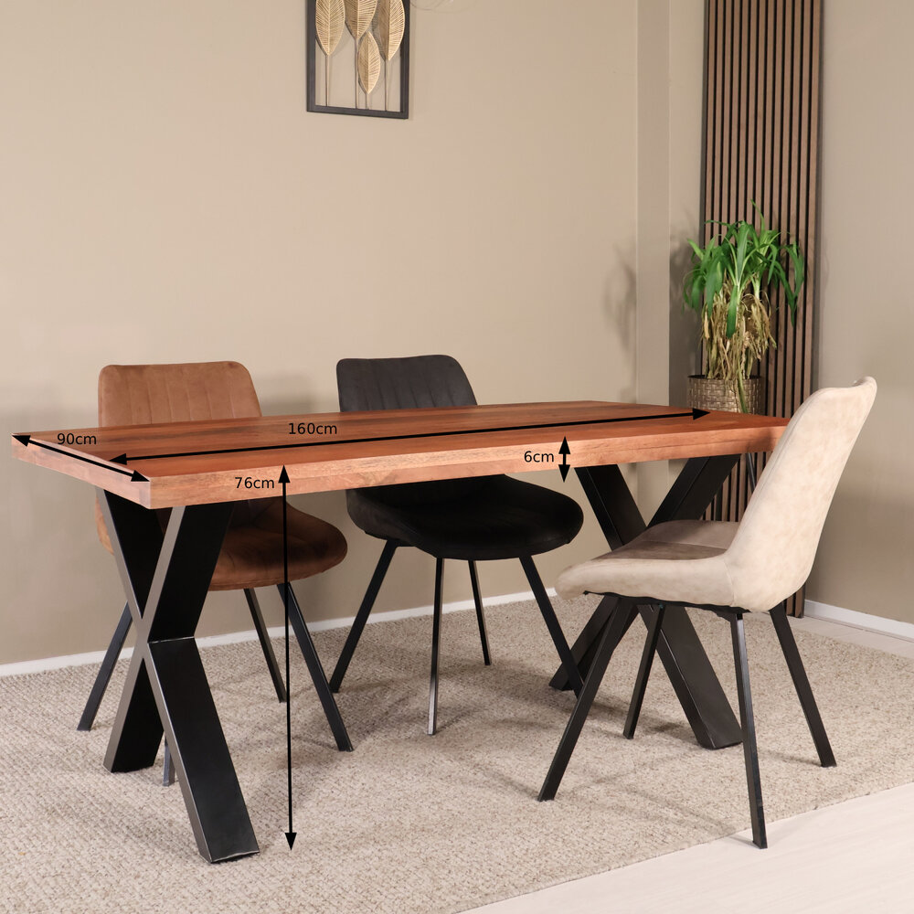 Eettafel rechthoekig Xavier 160x90cm duurzaam mangohout tafel met X-poot mango eetkamertafel langwerpig