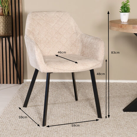 Lizzely Garden & Living Eetkamerstoel met armleuning Yurgan chenille beige eetstoel