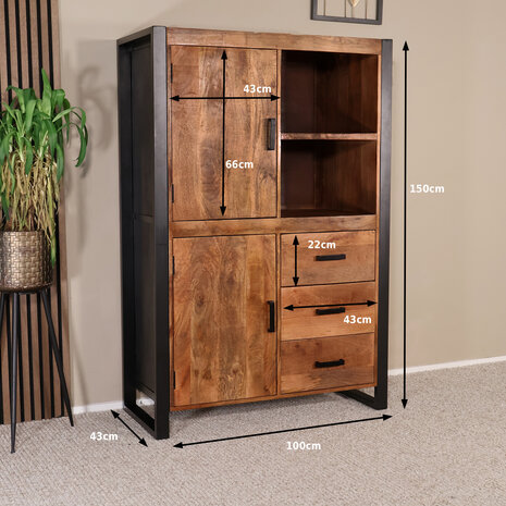 Lizzely Garden & Living Industriële kast mangohout Dex 150x100cm wandkast duurzaam mango