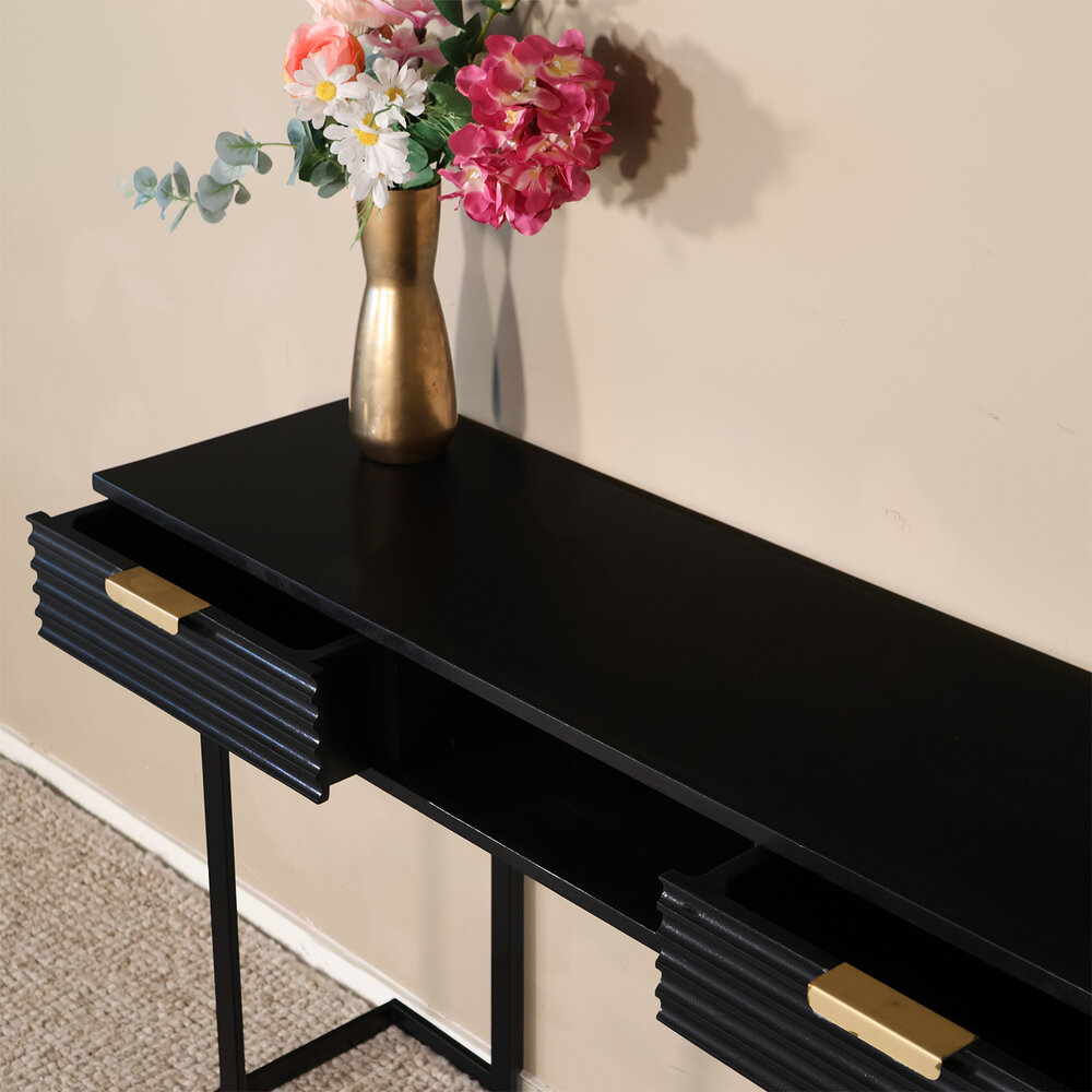 Kaptafel Georgia massief mangohout 2 lades 120cm zwart make-up tafel