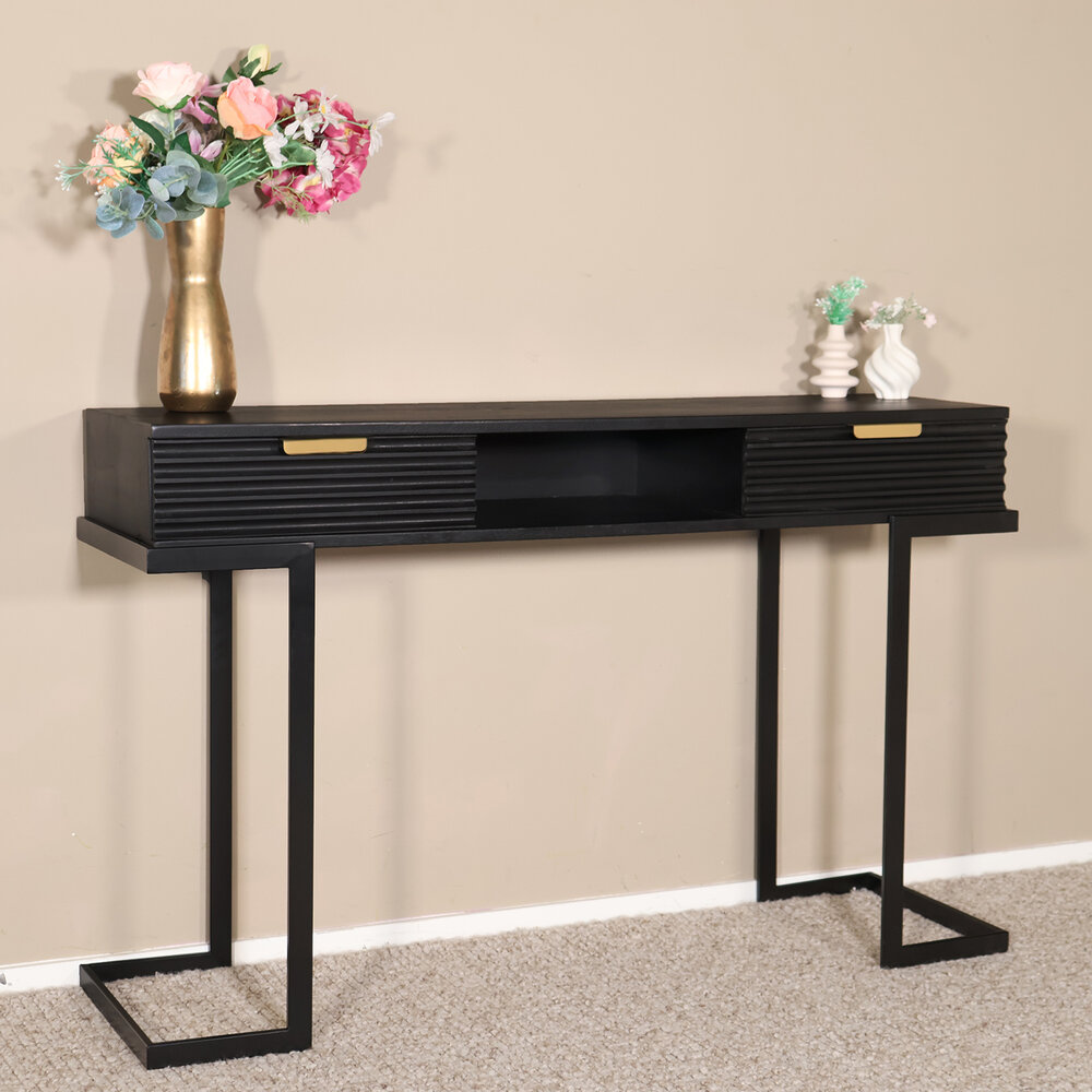 Kaptafel Georgia massief mangohout 2 lades 120cm zwart make-up tafel