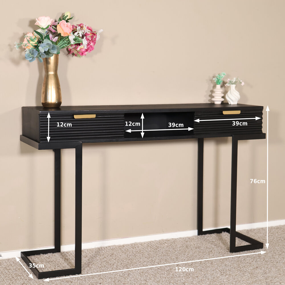 Kaptafel Georgia massief mangohout 2 lades 120cm zwart make-up tafel