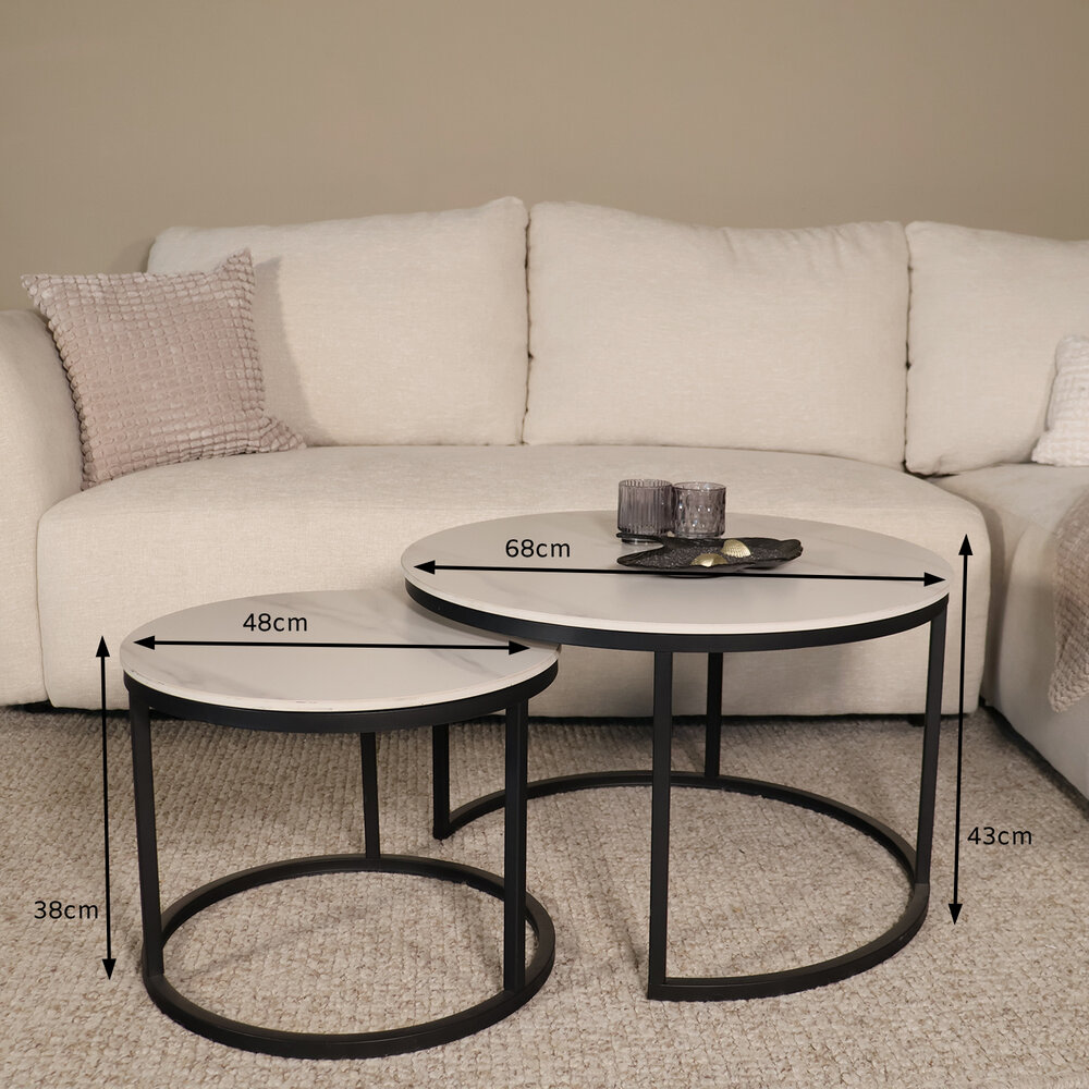 Salontafel rond 2delig marmerlook Bero wit side table steen bijzettafel