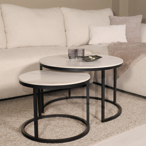 Lizzely Garden & Living Salontafel rond 2delig marmerlook Bero wit side table steen bijzettafel