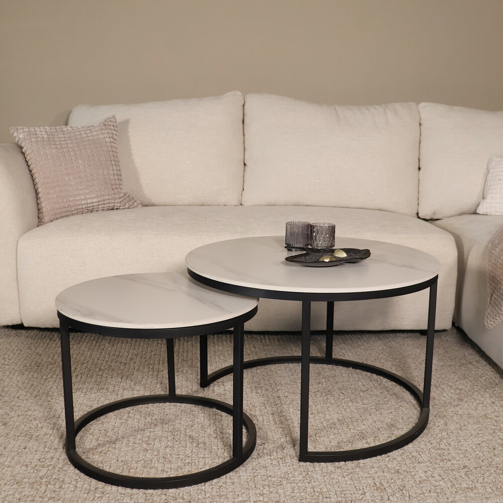 Salontafel rond 2delig marmerlook Bero wit side table steen bijzettafel