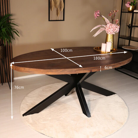 Lizzely Garden & Living Eettafel ovaal mangohout 180cm James bruin ovale industriële tafel duurzaam mango eetkamertafel