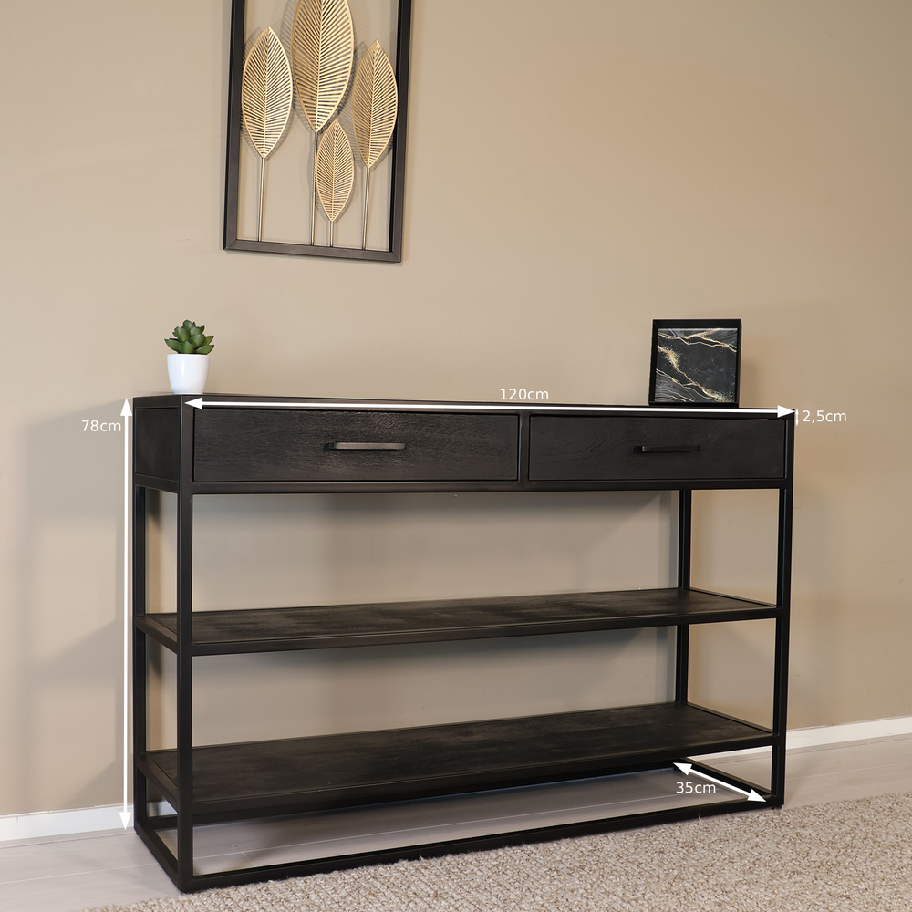 Bijzettafel mangohout visgraat Livia 120cm zwart