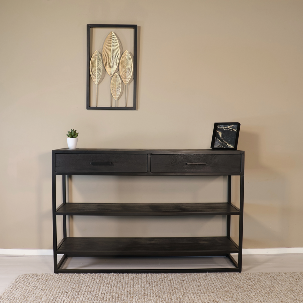 Bijzettafel mangohout visgraat Livia 120cm zwart