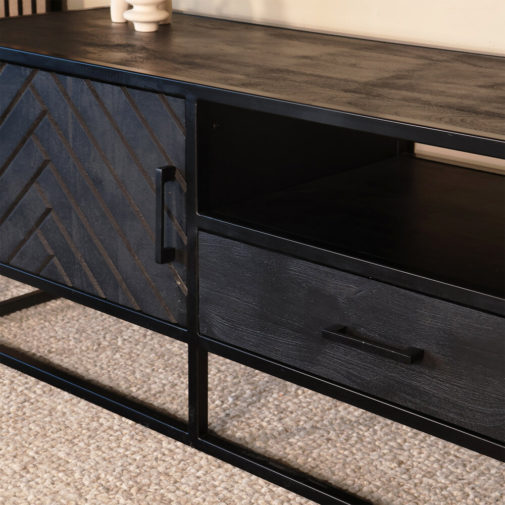 TV meubel industrieel Danae zwart visgraat duurzaam mangohout 180cm lengte mango