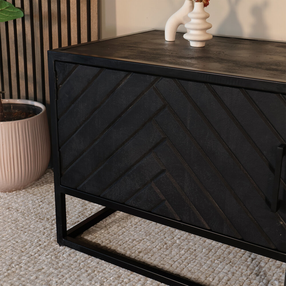 TV meubel industrieel Danae zwart visgraat duurzaam mangohout 180cm lengte mango