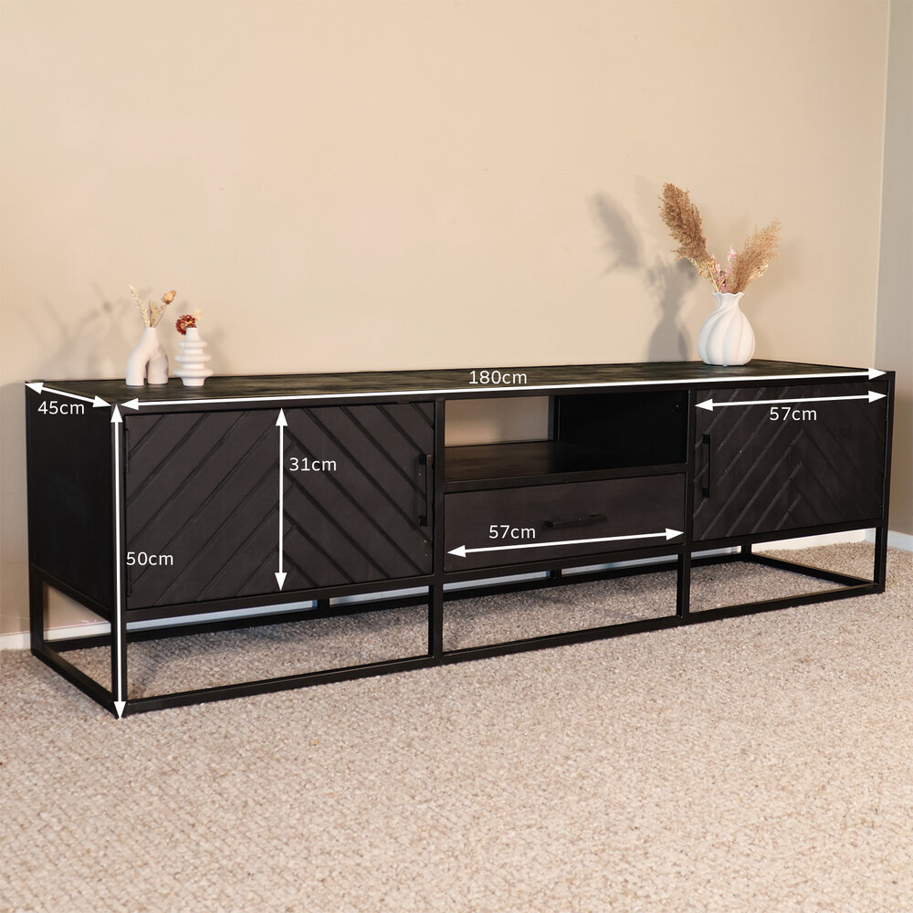 TV meubel industrieel Danae zwart visgraat duurzaam mangohout 180cm lengte mango