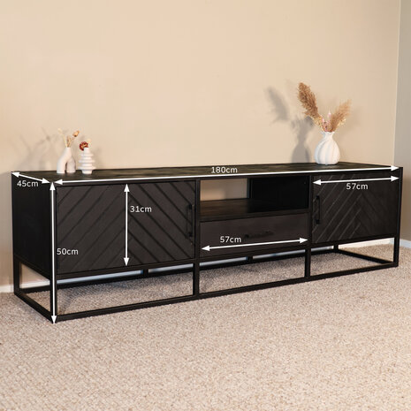 Lizzely Garden & Living TV meubel industrieel Danae zwart visgraat duurzaam mangohout 180cm lengte mango