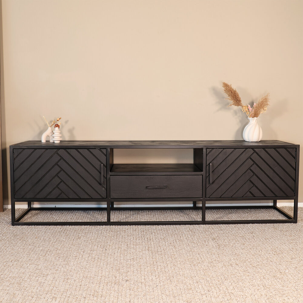 TV meubel industrieel Danae zwart visgraat duurzaam mangohout 180cm lengte mango