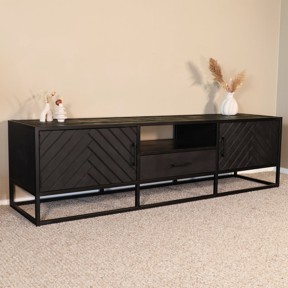 TV meubel industrieel Danae zwart visgraat duurzaam mangohout 180cm lengte mango