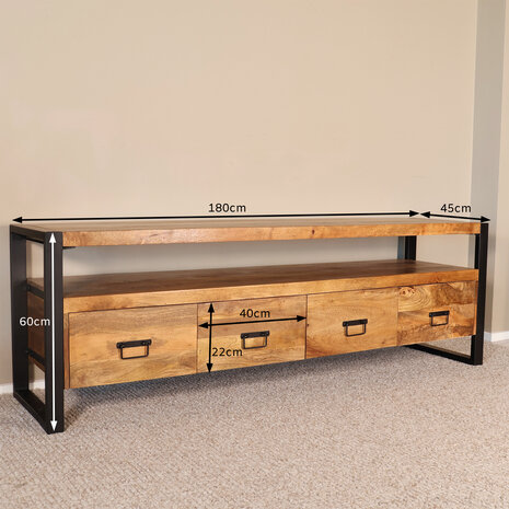 Lizzely Garden & Living TV meubel mangohout Ilse industrieel 180cm duurzaam massief hout mango