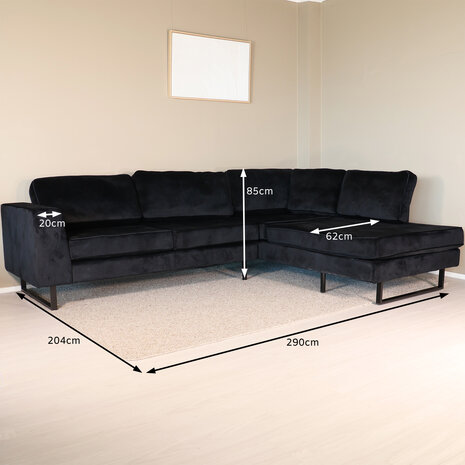 Lizzely Garden & Living Hoekbank design Puckerto 290cm velvet zwart rechts loungebank