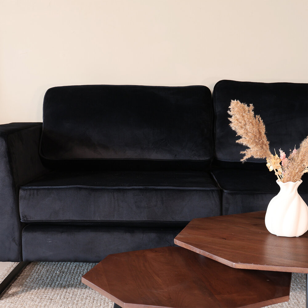 Hoekbank design Puckerto 290cm velvet zwart rechts loungebank