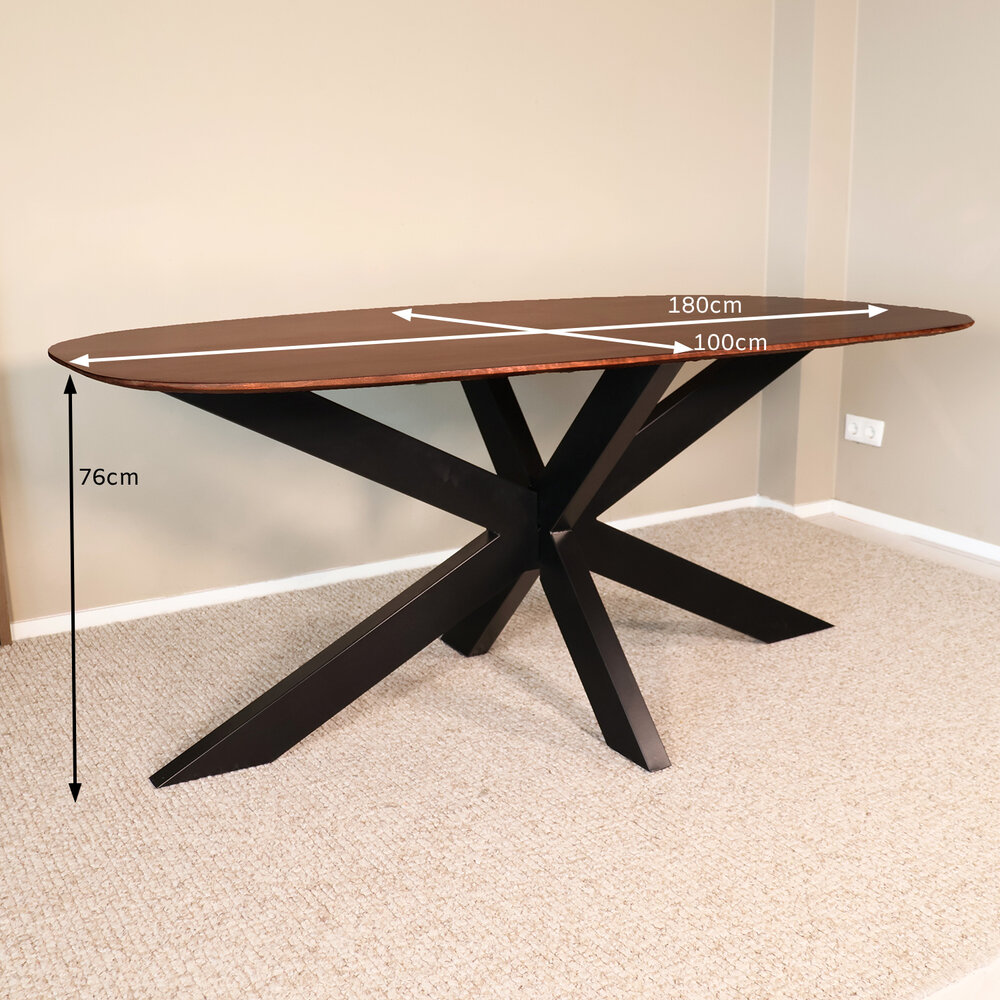 Eettafel deens ovaal mangohout 180cm Austin walnoot bruin ovale tafel duurzaam mango eetkamertafel