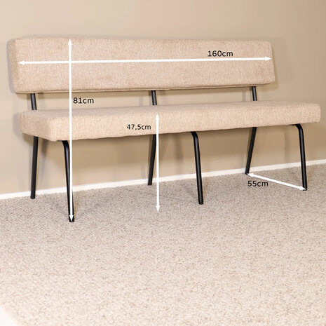 Lizzely Garden & Living Eetkamerbank Wendy 160cm beige stof eetbank