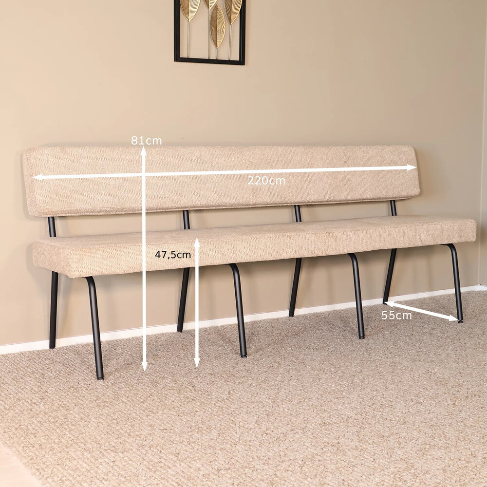 Eetkamerbank Wendy 200cm beige stof eetbank