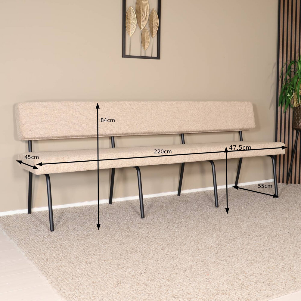 Eetkamerbank Wendy 220cm beige stof eetbank
