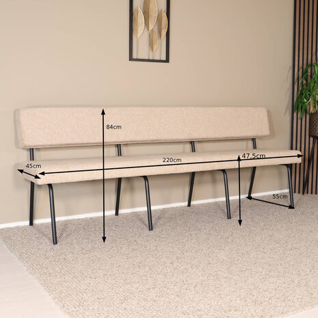 Lizzely Garden & Living Eetkamerbank Wendy 220cm beige stof eetbank