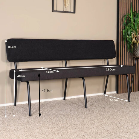 Lizzely Garden & Living Eetkamerbank Wendy 160cm zwart stof eetbank