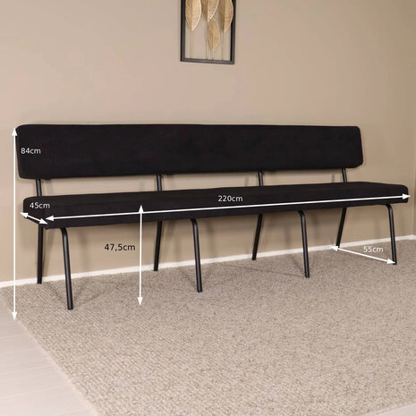 Lizzely Garden & Living Eetkamerbank Wendy 200cm zwart stof eetbank