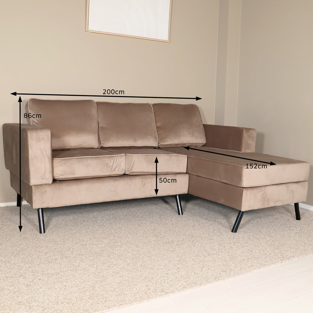 Hoekbank design Venna 200cm bank champagne velvet loungebank zowel links als rechts bankstel Hoekbank design Venna 200cm bank champagne velvet loungebank zowel links als rechts bankstel