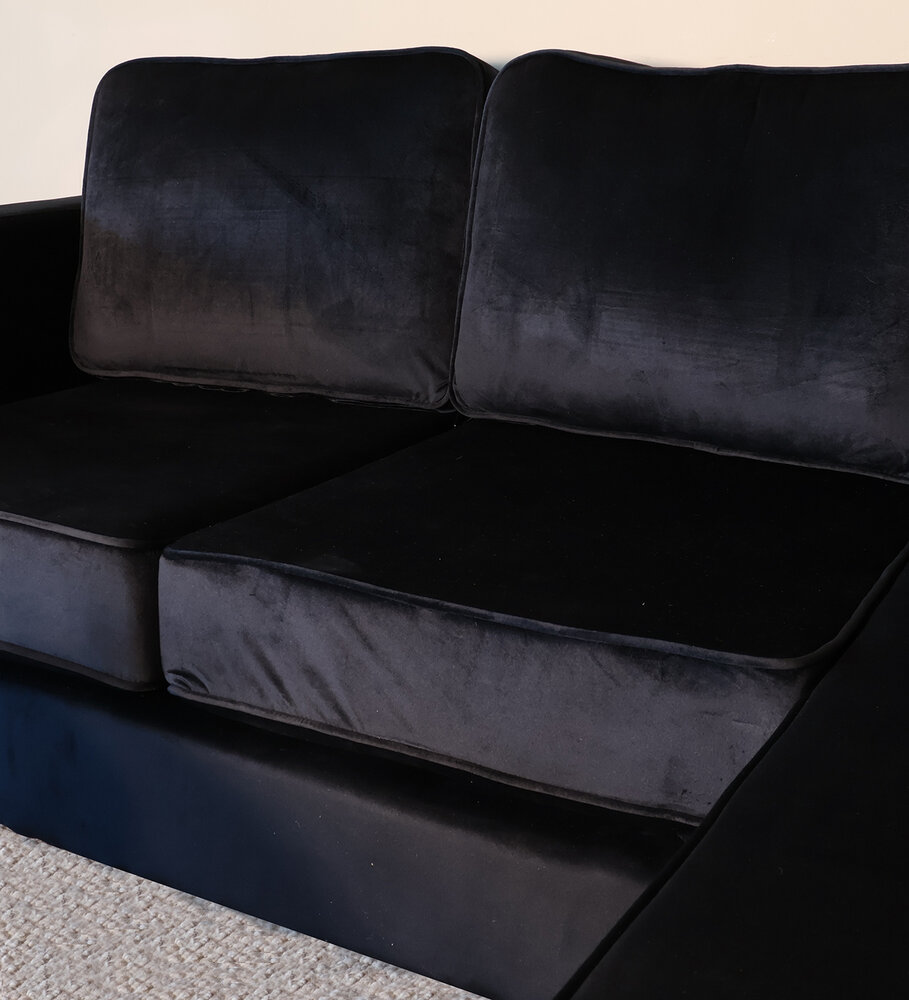 Hoekbank design Venna 200cm bank zwart velvet loungebank zowel links als rechts bankstel