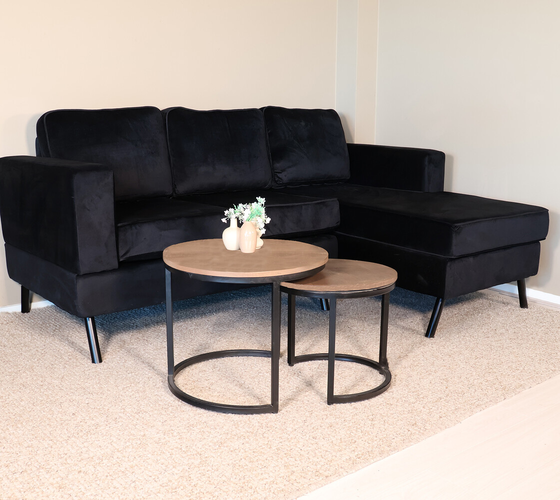 Hoekbank design Venna 200cm bank zwart velvet loungebank zowel links als rechts bankstel