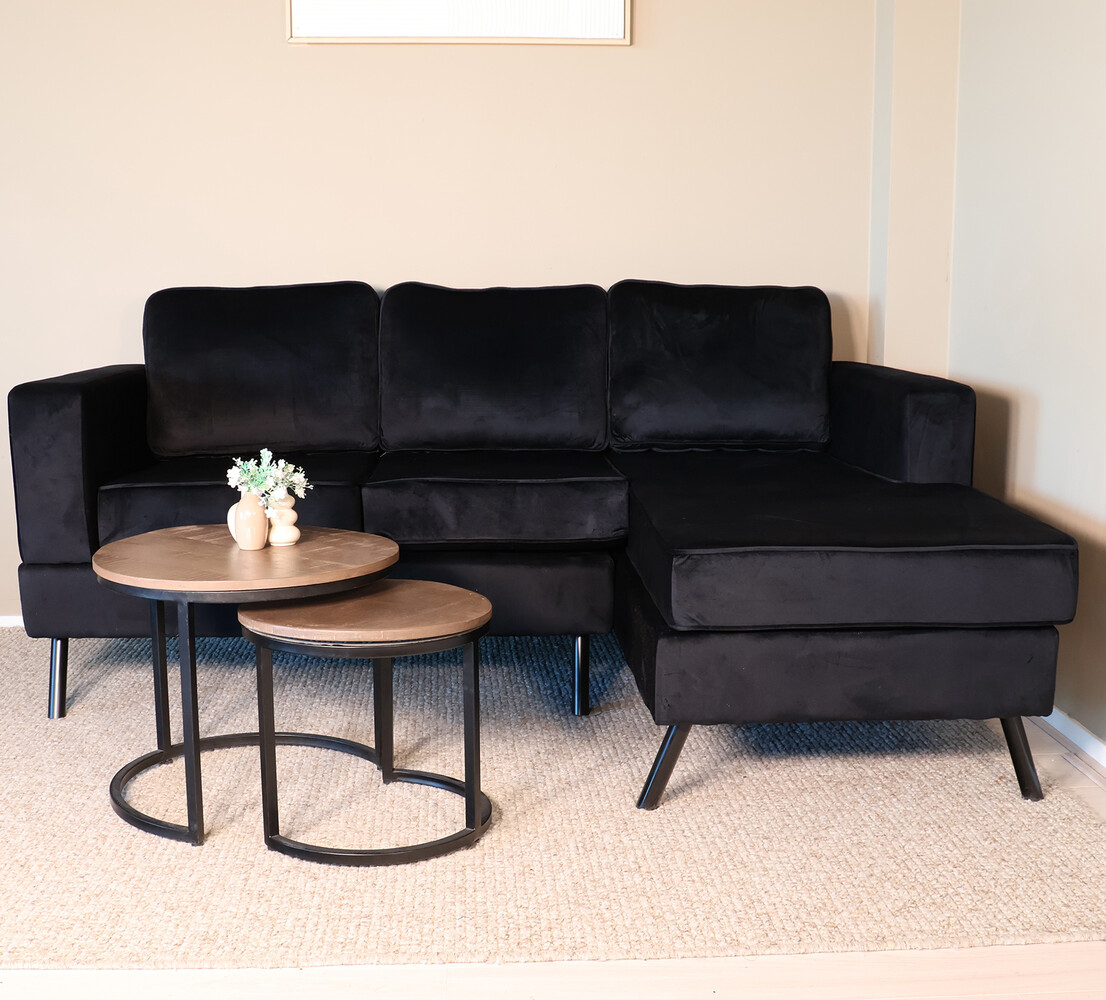 Hoekbank design Venna 200cm bank zwart velvet loungebank zowel links als rechts bankstel